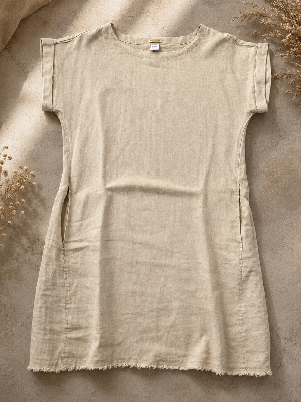 Magaschoni 100% Linen Shift Dress Fringe Hem Neutral Beige Medium